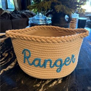 Tan Rope Basket with Blue Text “ Ranger “ dog pet toy basket or boy box